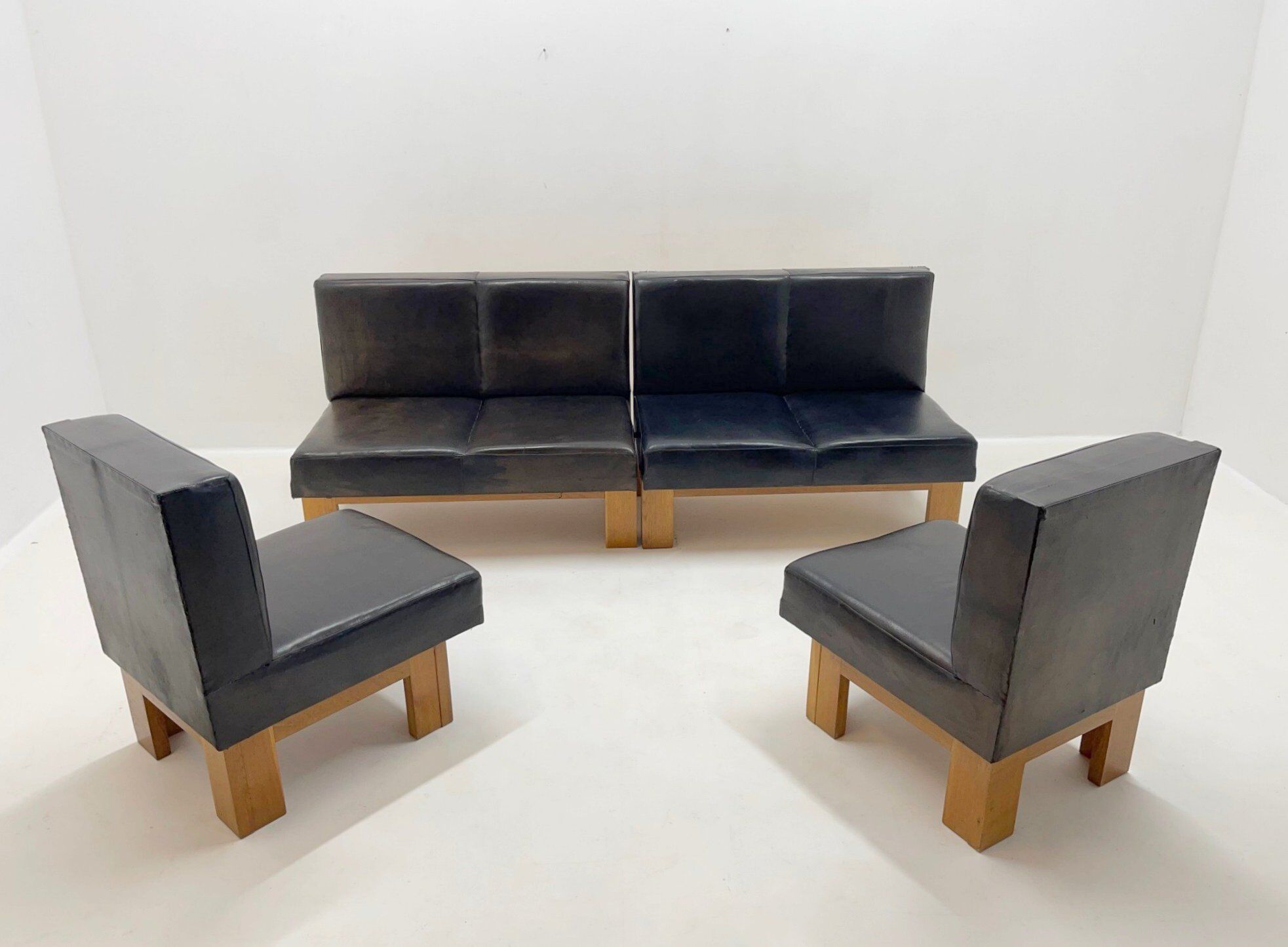 Leather & Oak Wood Modular Sofa and Chairs, 1970's