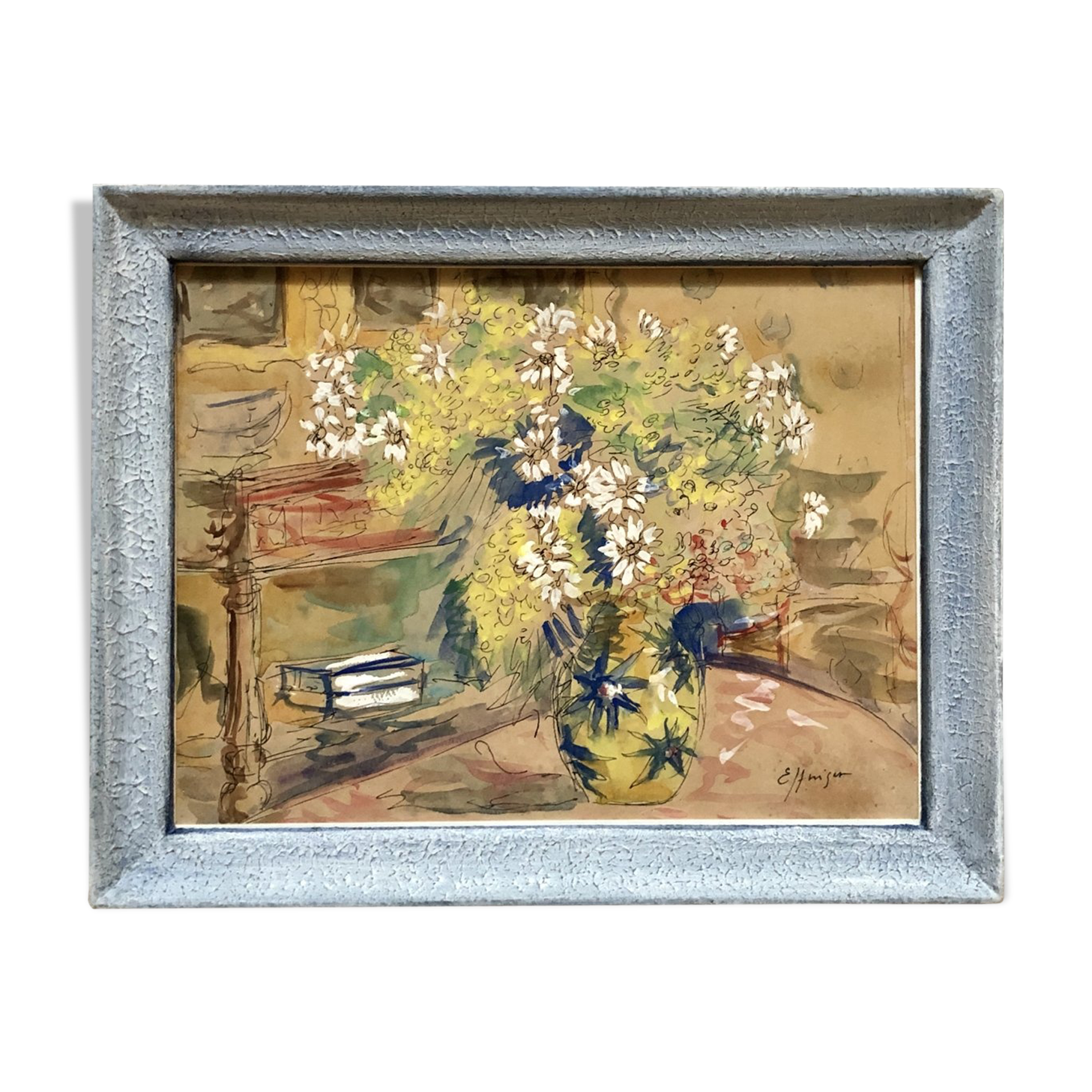 1930s/1950s, Watercolor Gouachée Figurant Un Intérieur Au Bouquet De Fleurs.