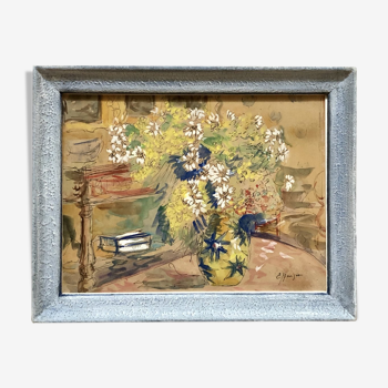 1930s/1950s, Watercolor Gouachée Figurant Un Intérieur Au Bouquet De Fleurs.