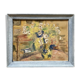 Aquarelle gouachée figurant un intérieur au bouquet de fleurs années 1930/1950