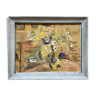 1930s/1950s, Watercolor Gouachée Figurant Un Intérieur Au Bouquet De Fleurs.