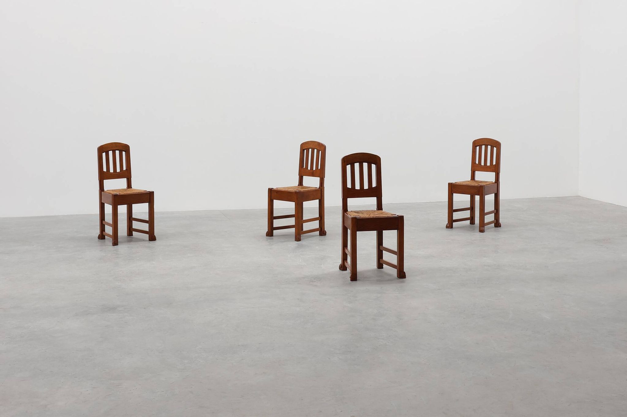 Set of 4 Early Art Deco Oak & Wicker Dining Chairs, Belgium, 1915