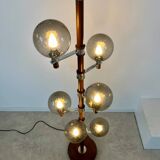 Old Scandinavian design wooden floor lamp from the 60s with 6 vintage lights