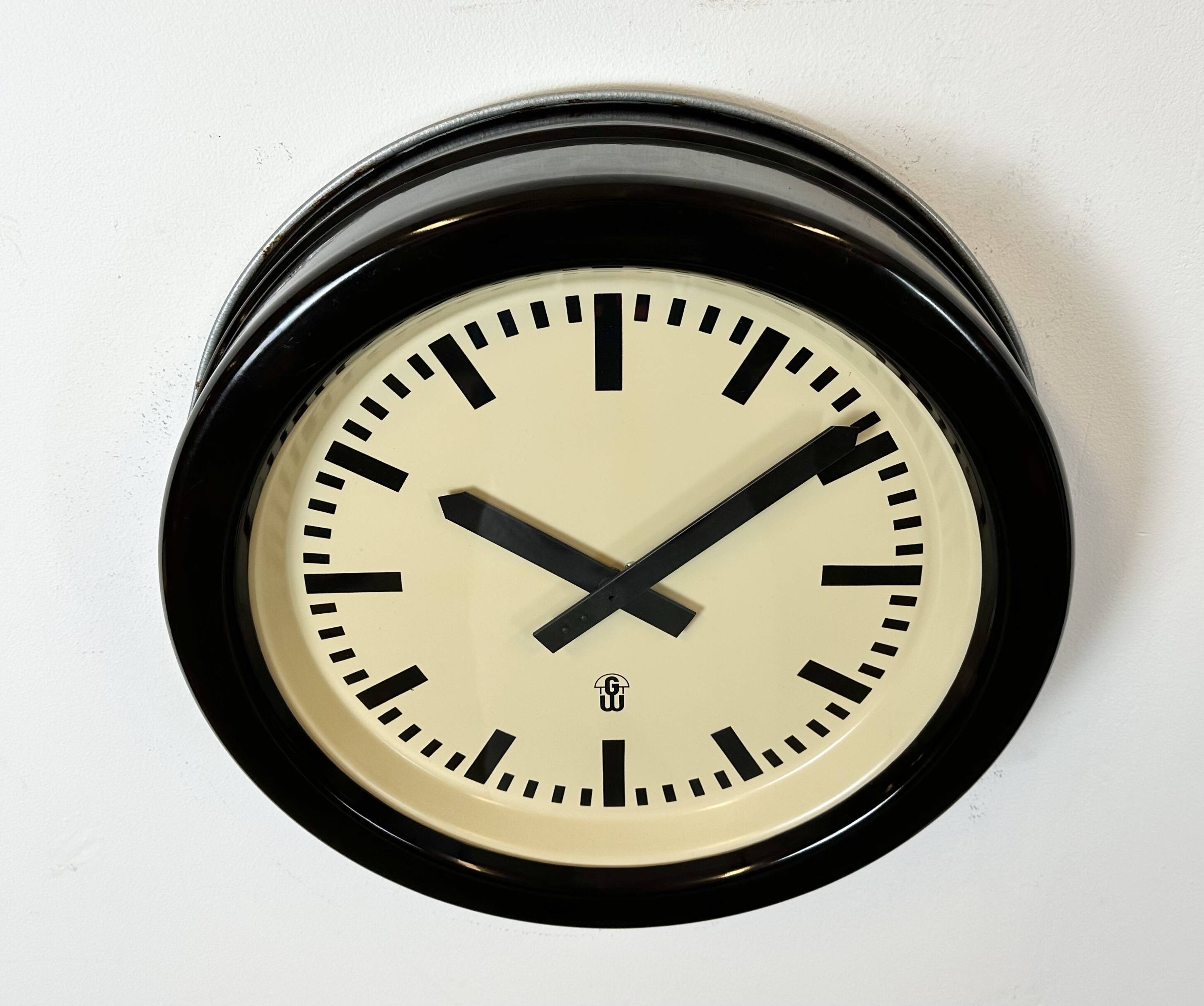 Large Industrial Brown Bakelite East German Wall Clock from GW, 1960s