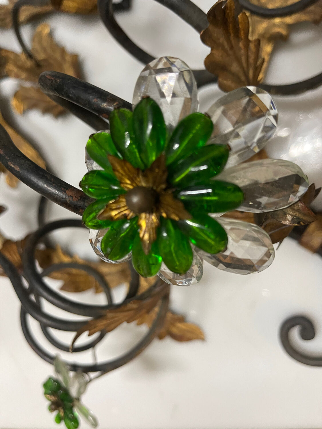 Extra Large Italian Tole Wall Light Sconce with Murano Glass Flowers