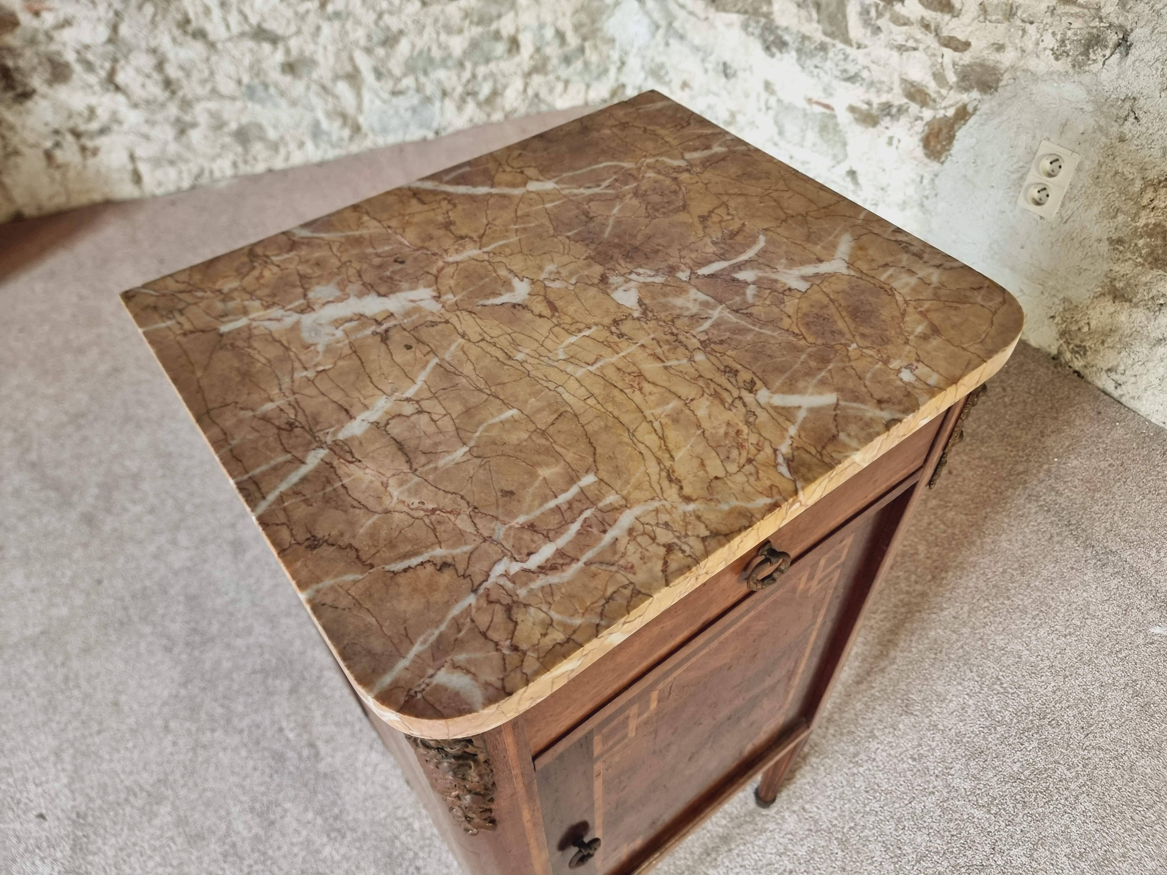 Antique French mahogany and walnut bedside table with marble top