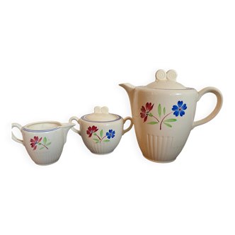 Teapot-milk jug-sugar bowl set, mai k&g luneville model - hand painted