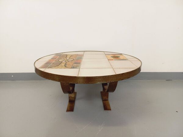 Table basse ronde vintage de Jean Gregorieff pour Roche Bobois des années 60 70 en céramique acier