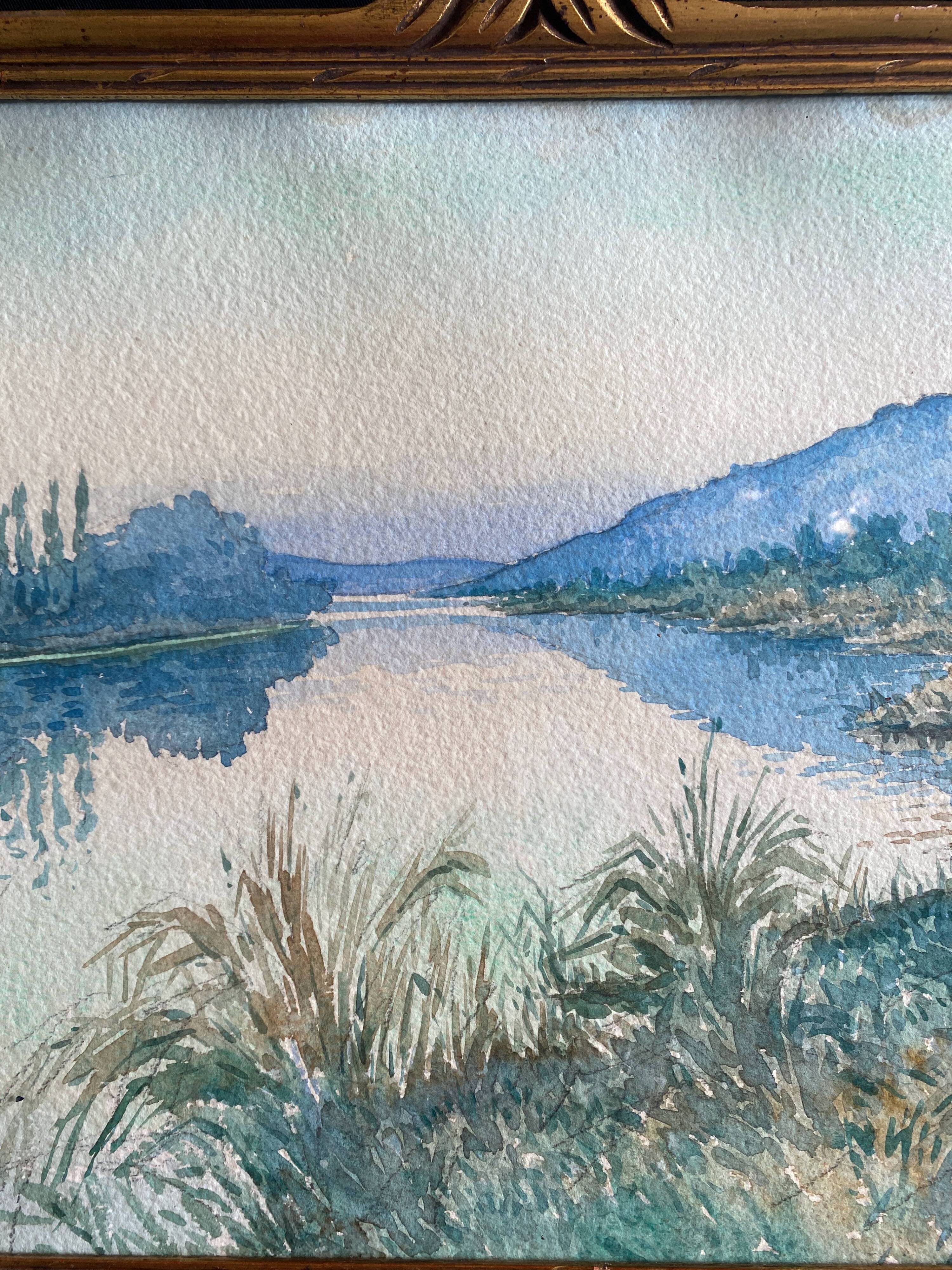 Watercolor Painting "Landscape at the River" circa 1920 + frame