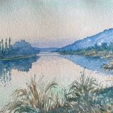 Watercolor Painting "Landscape at the River" circa 1920 + frame