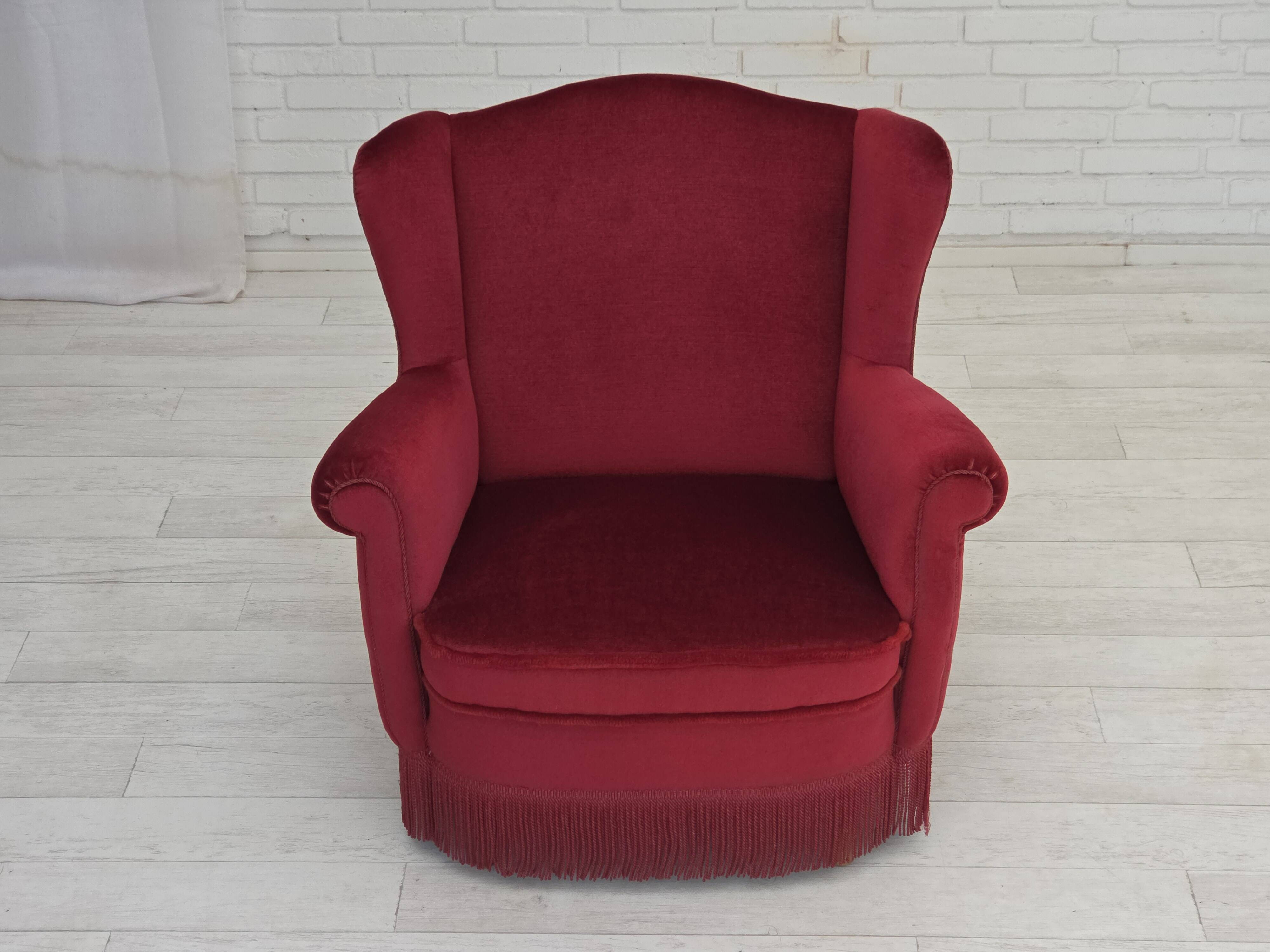 1960s, Danish armchair, red furniture velour, beech wood legs.