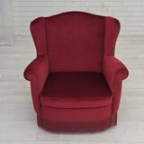 1960s, Danish armchair, red furniture velour, beech wood legs.