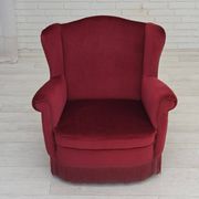 1960s, Danish armchair, red furniture velour, beech wood legs.