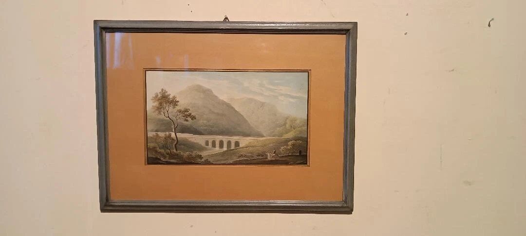 19th Century Watercolour on Paper – Landscape with Aqueduct and Bridge