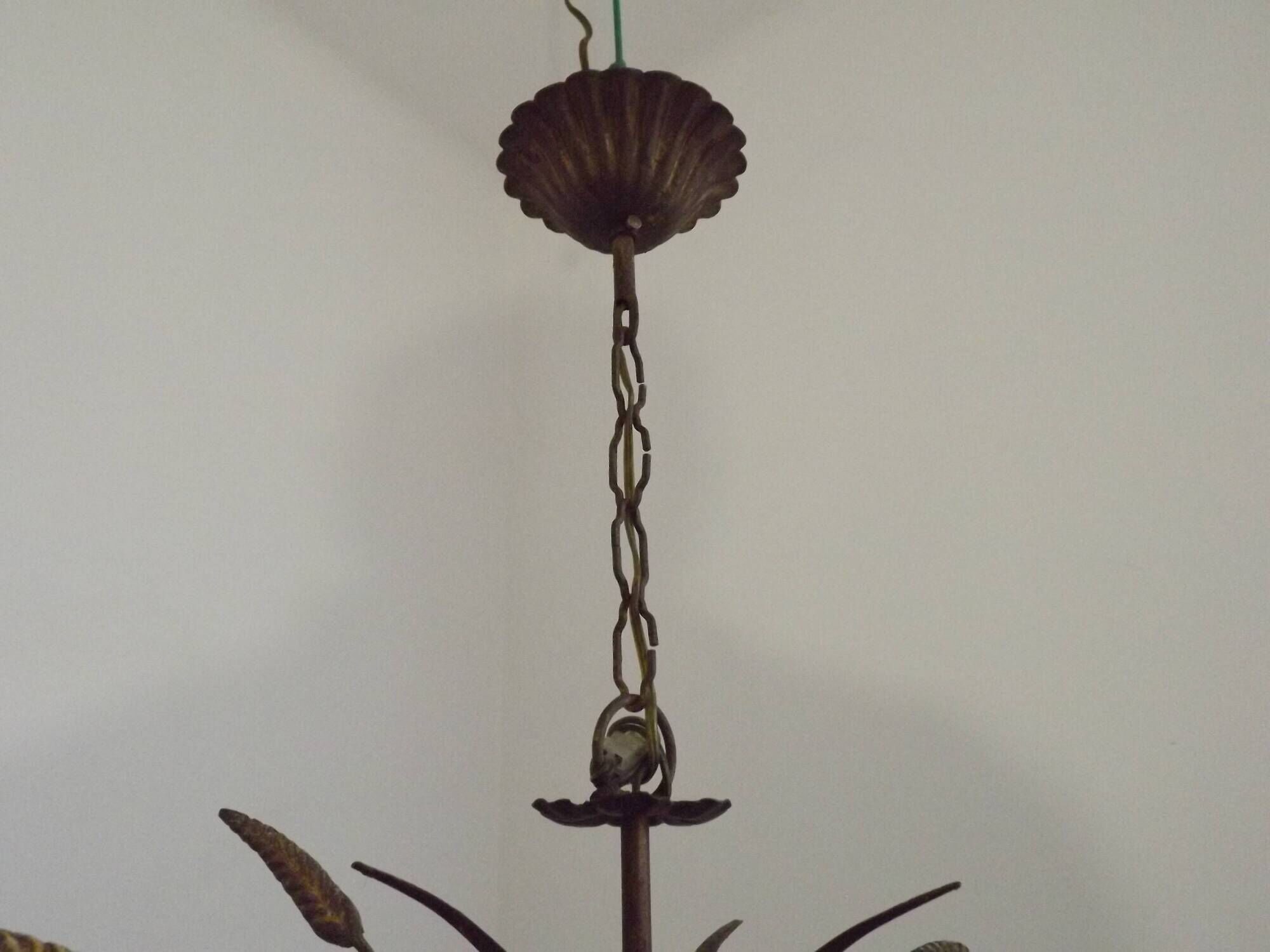 Vintage Hollywood Regency Wheat Sheaf Gold Gilt Metal 5 Light Chandelier