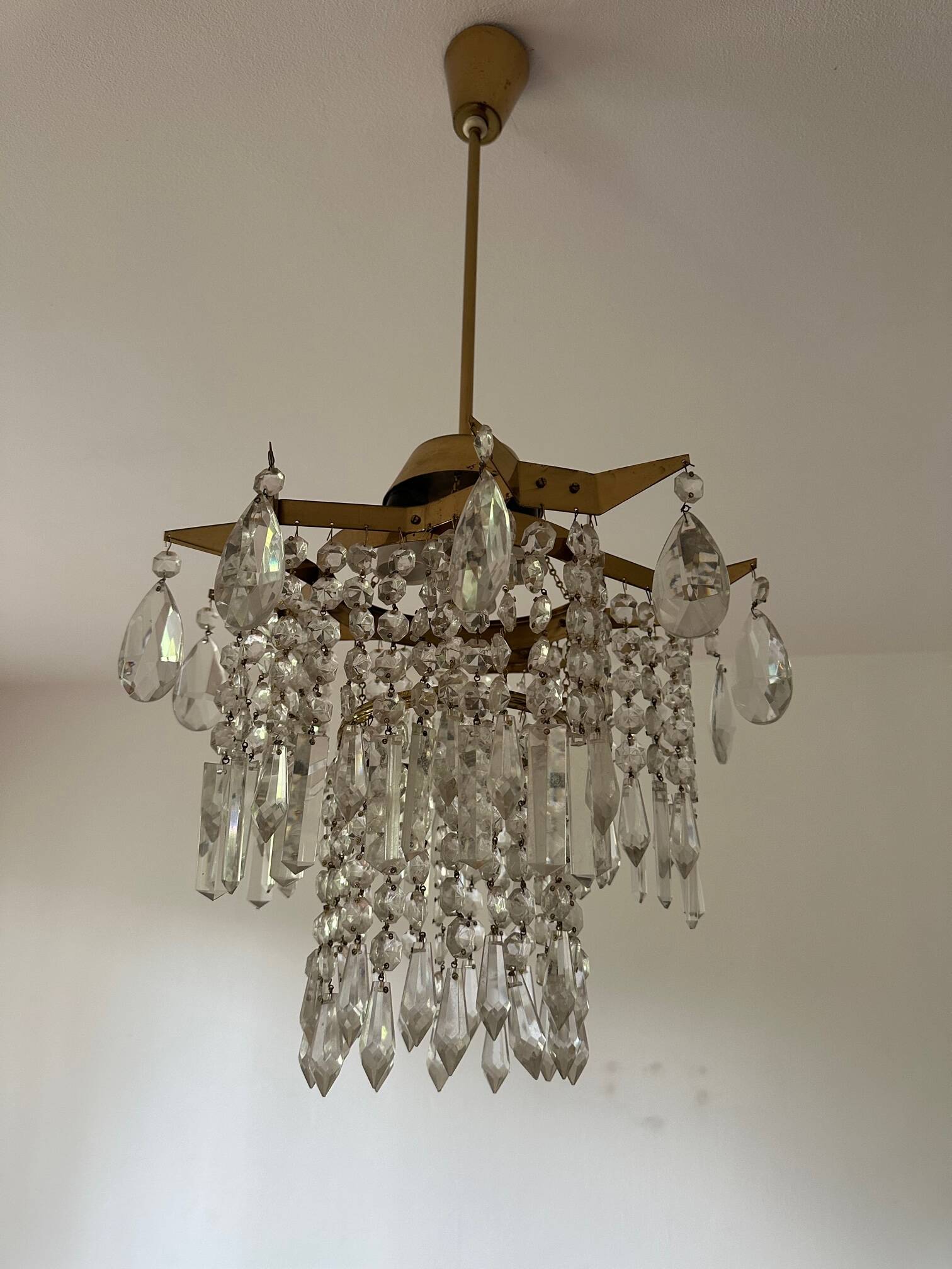 Midcentury brass crystal chandelier