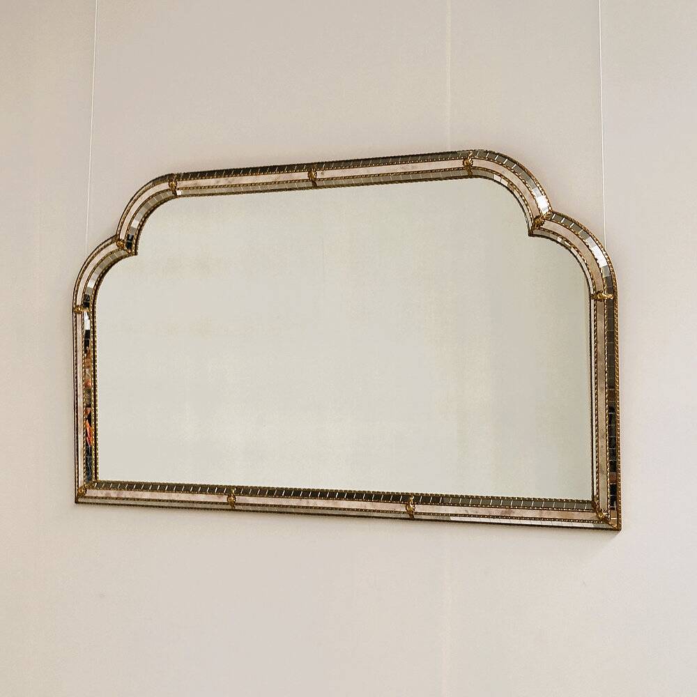 Large Spanish gilt brass & smoked mirror decorative wall mirror, 1980s