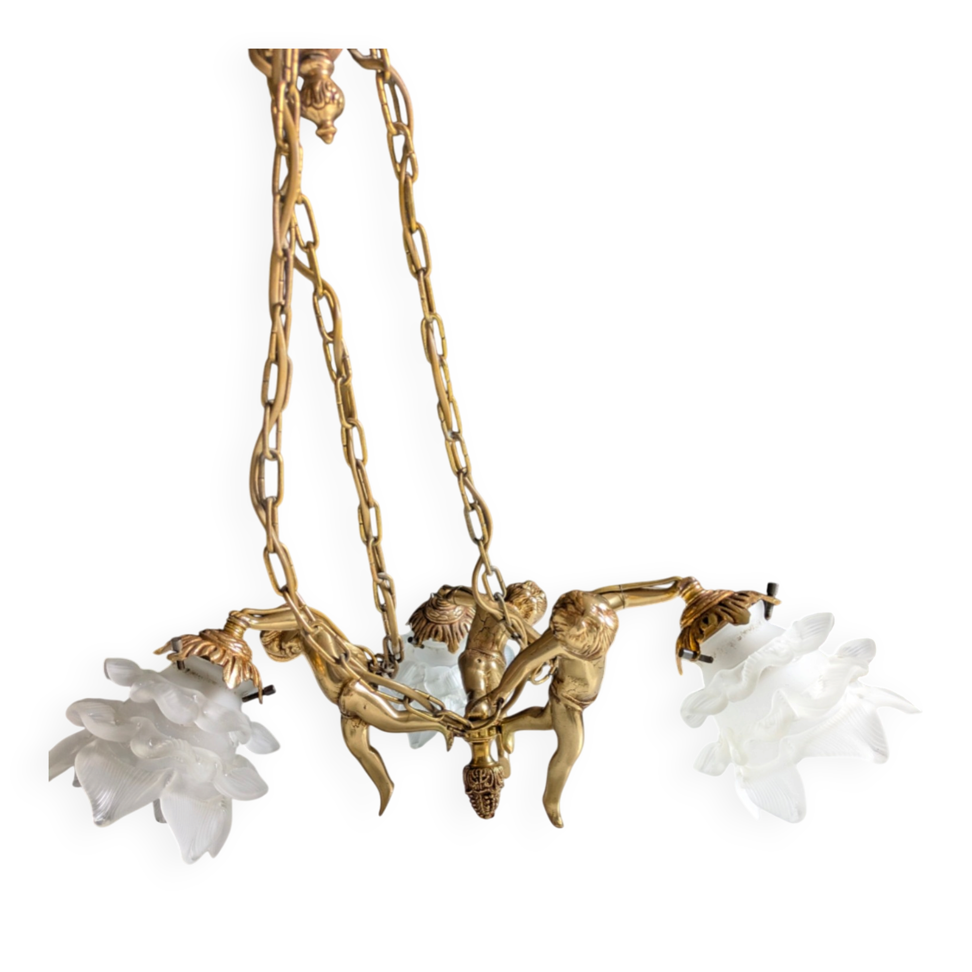 Vintage chandelier with cherubs and frosted glass flowers.