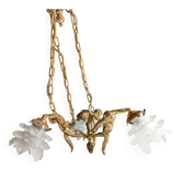 Splendid vintage chandelier with cherubs and frosted glass flowers.