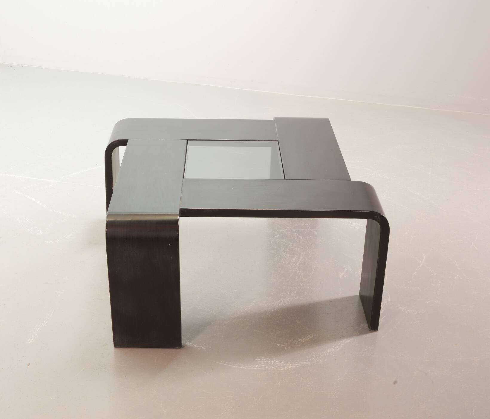 Square Black Lacquered Plywood Coffee Table with Smoked Glass Panel, 1970s