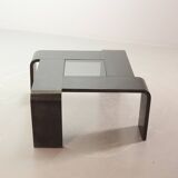 Square Black Lacquered Plywood Coffee Table with Smoked Glass Panel, 1970s