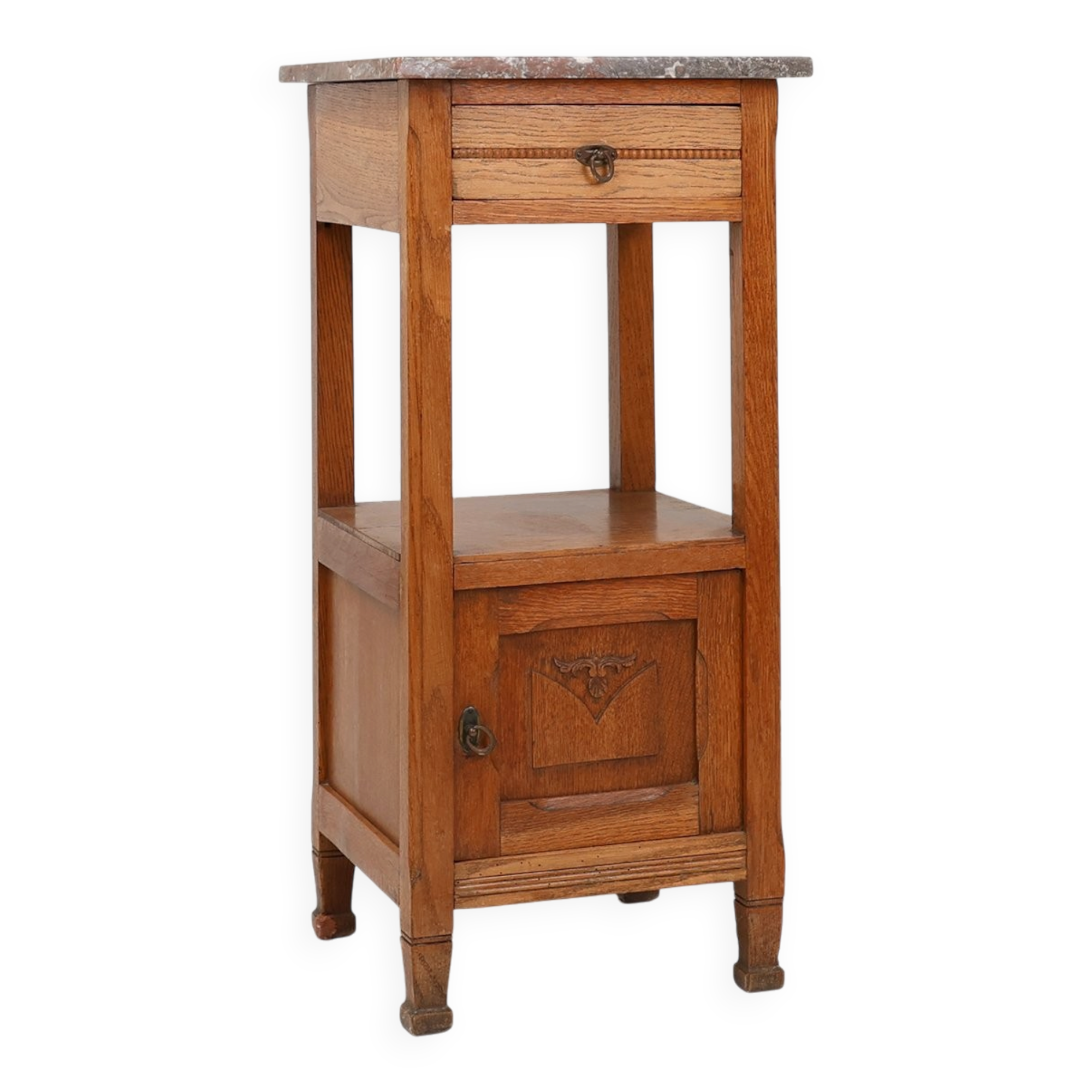 French Art Deco Nightstand in Oak with Pink Marble Top, 1930s