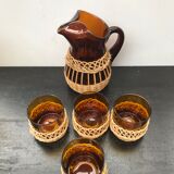 Carafe juice service with 4 orange blown glass glasses + vintage wicker