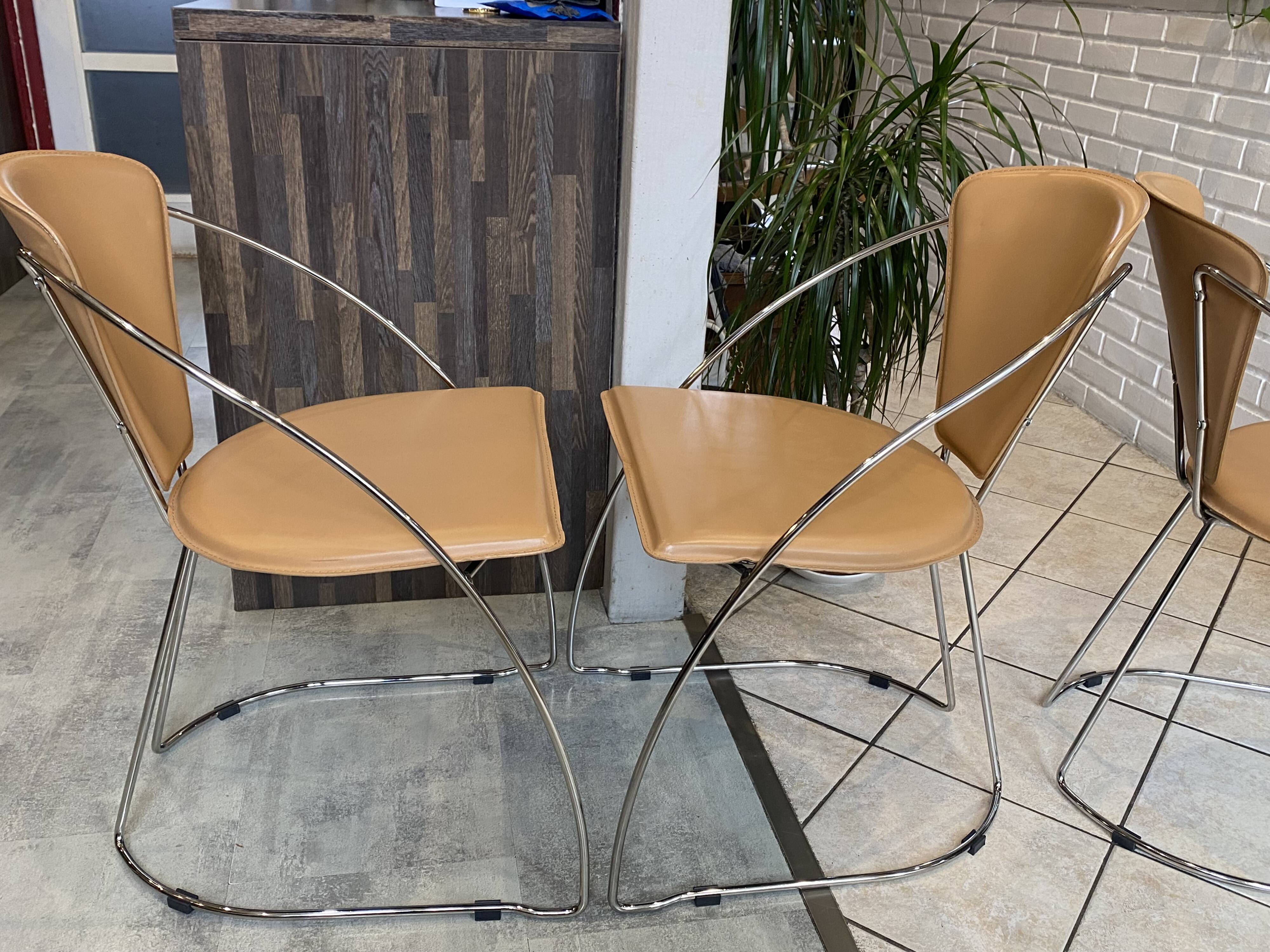 Set of 4 Linda armchairs by Arrben in camel leather with a chrome frame.