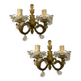 Lot de 2 appliques en cristal et bronze des années 1950