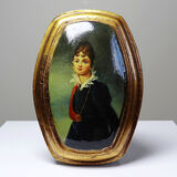 Small vintage Venetian oil on wood convex medallion portrait.