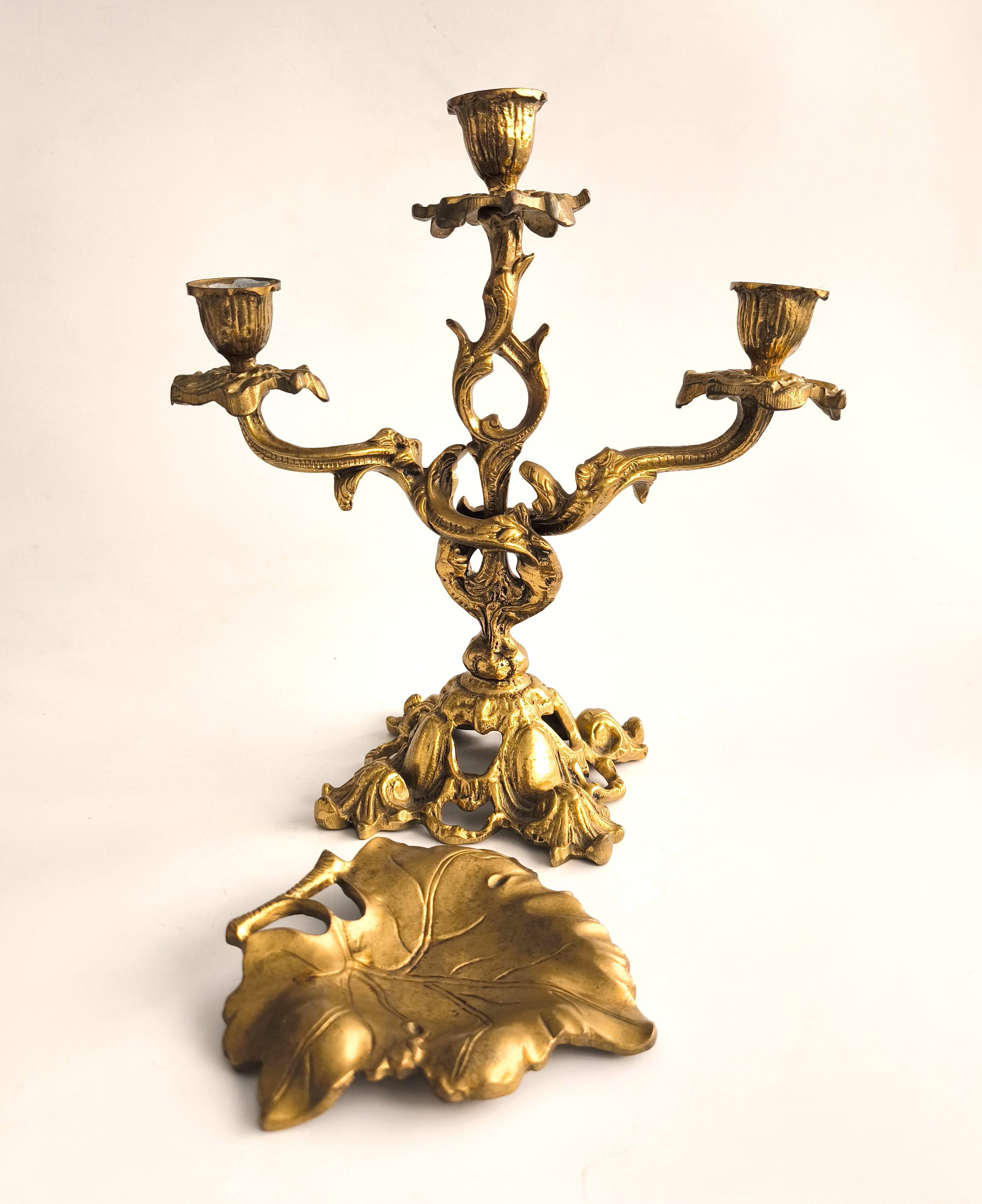 French Dessert Set: Candelabrum and "Feuille" Tray in Gilded Bronze
