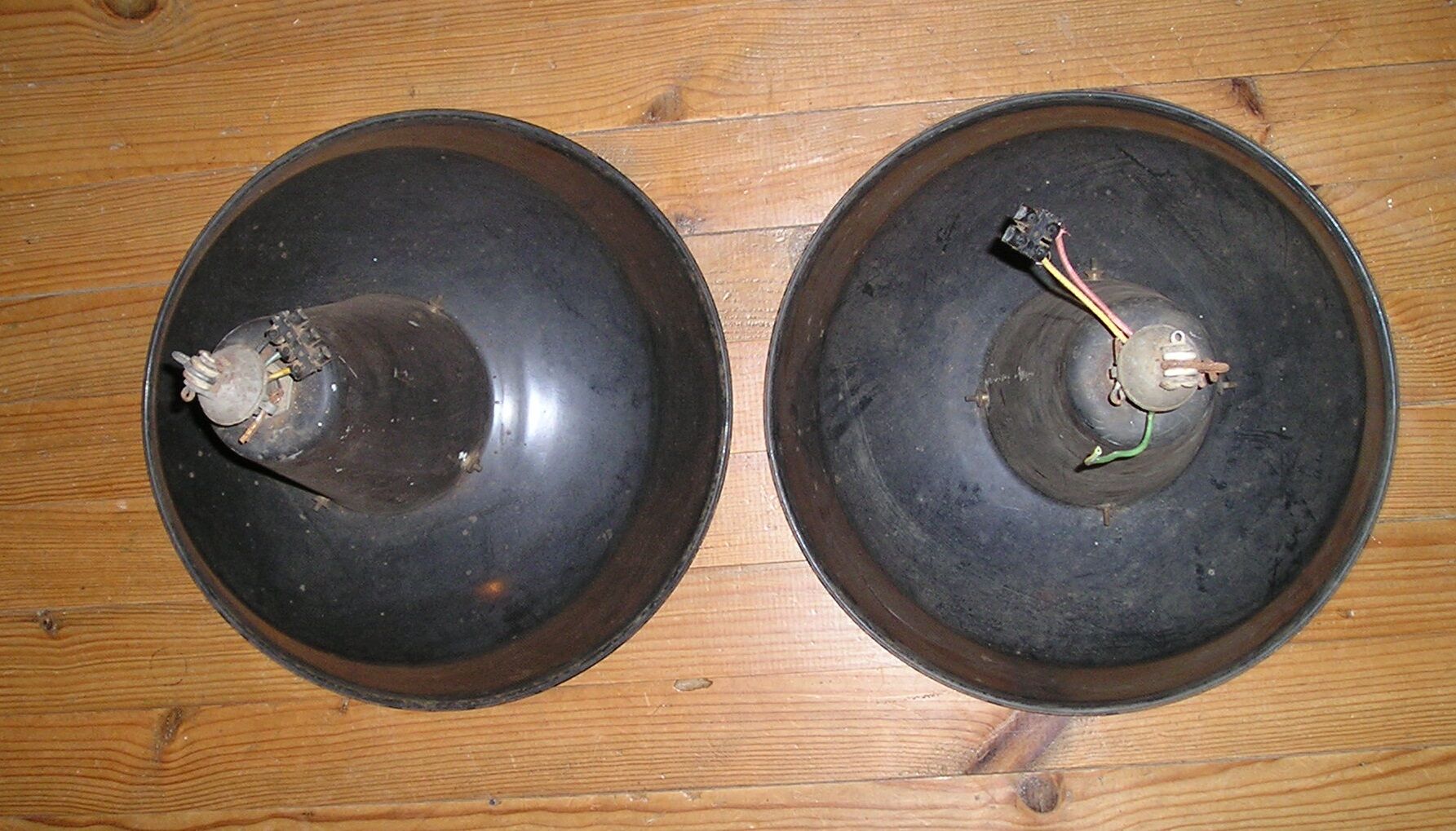 Pair of enameled sheet metal pendants