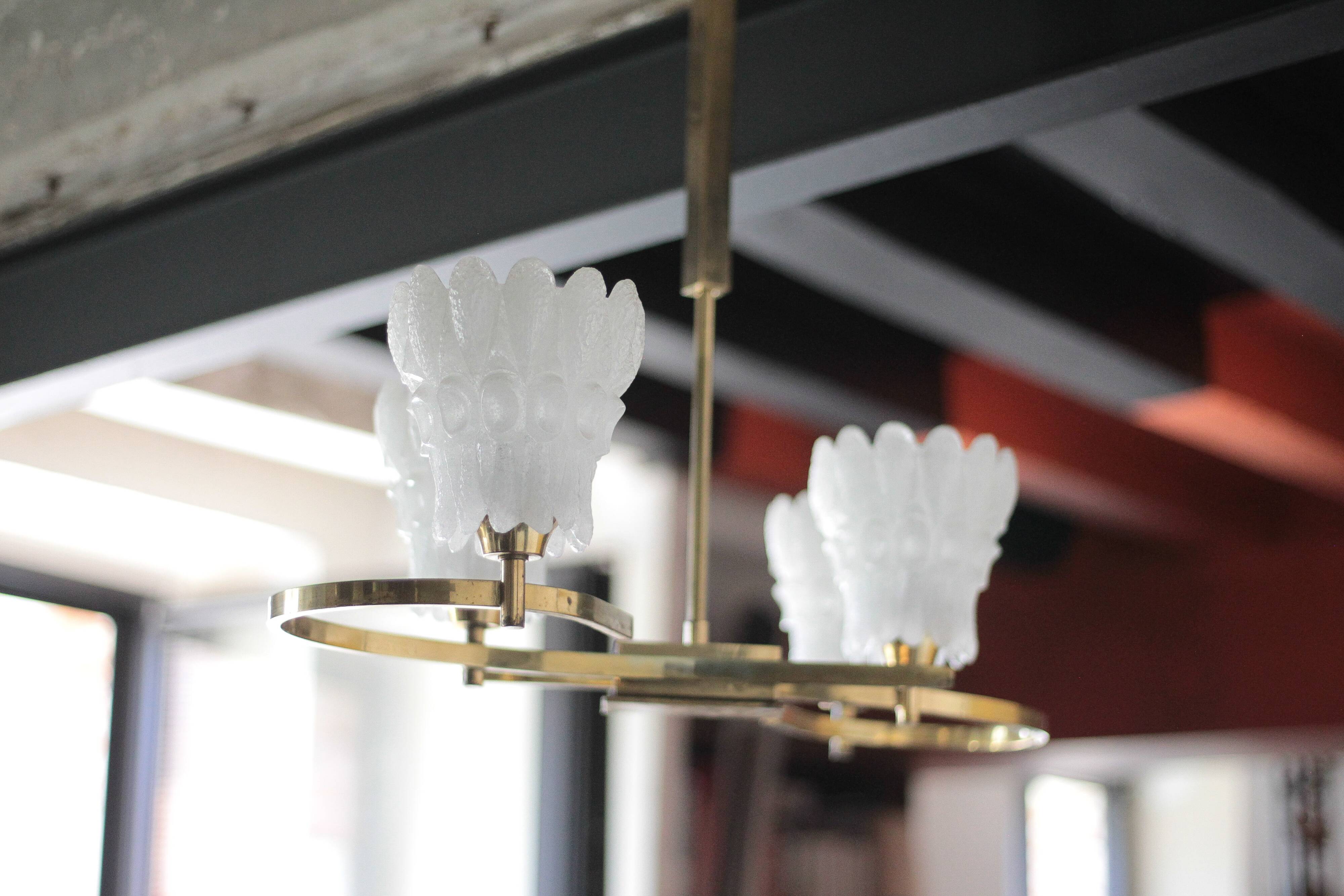 Vintage brass suspension with thick milk glass globe, brass chandelier.