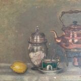 Oil on canvas still life with samovar 20th century gilded stucco frame