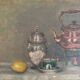 Oil on canvas still life with samovar 20th century gilded stucco frame
