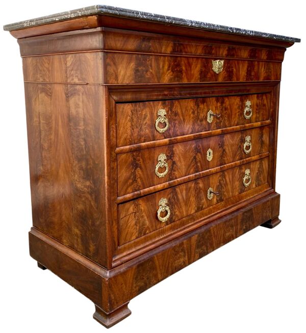 Commode, secrétaire Louis Philippe en noyer, ronce de noyer et marbre, XIXe