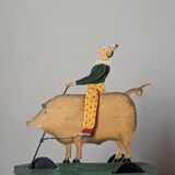Antique pull toy, metal, hand-painted decoration, clown circus
