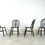 Set of 4 Ercol Ebonized Dining Chairs, 1950s