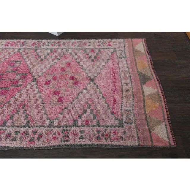 Vintage Turkish Oushak handmade wool cotton pink runner rug 82x346