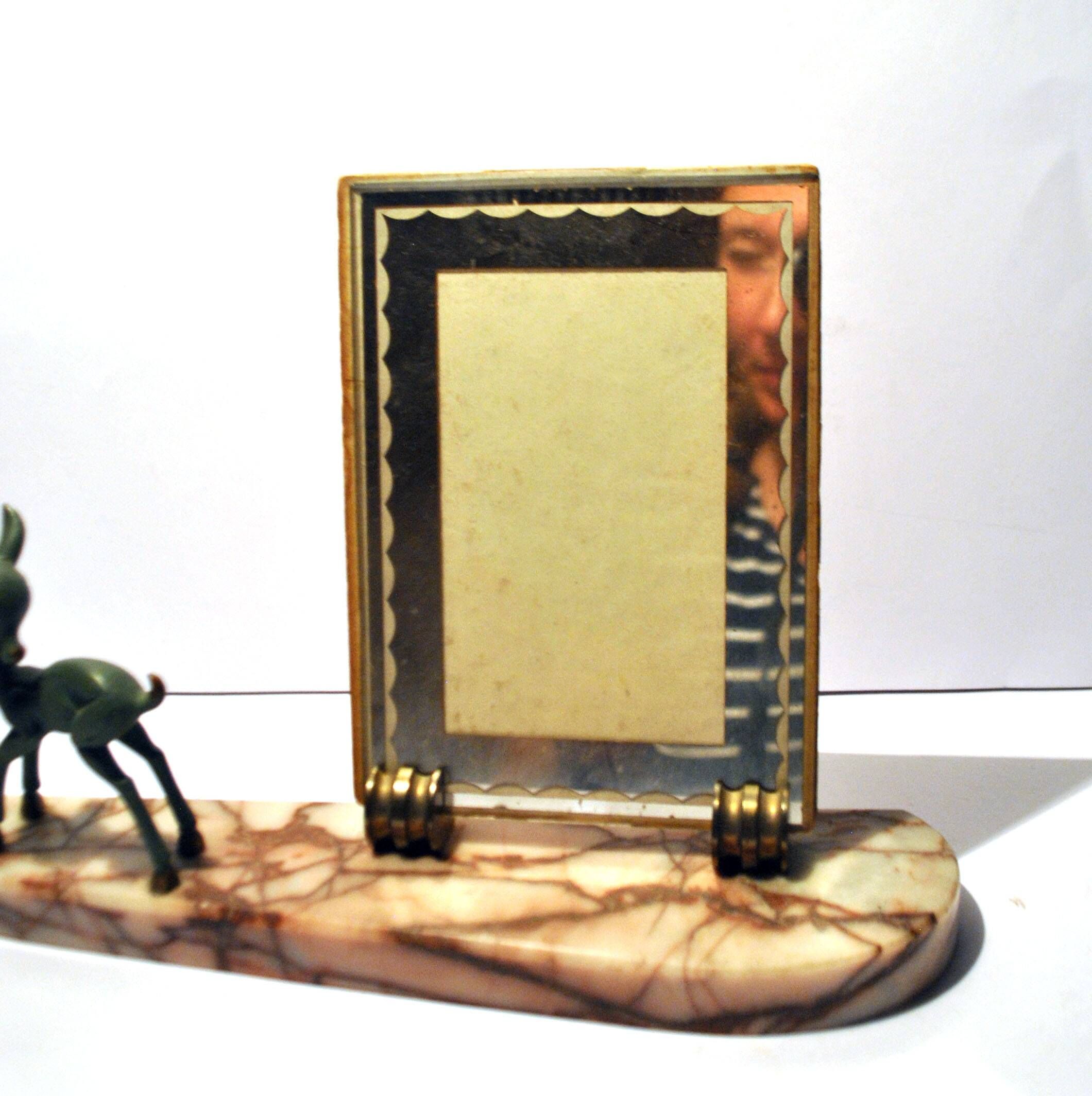 Art Deco Photo Frame Bambi Bronze Statuette and Mirror Glass 1940