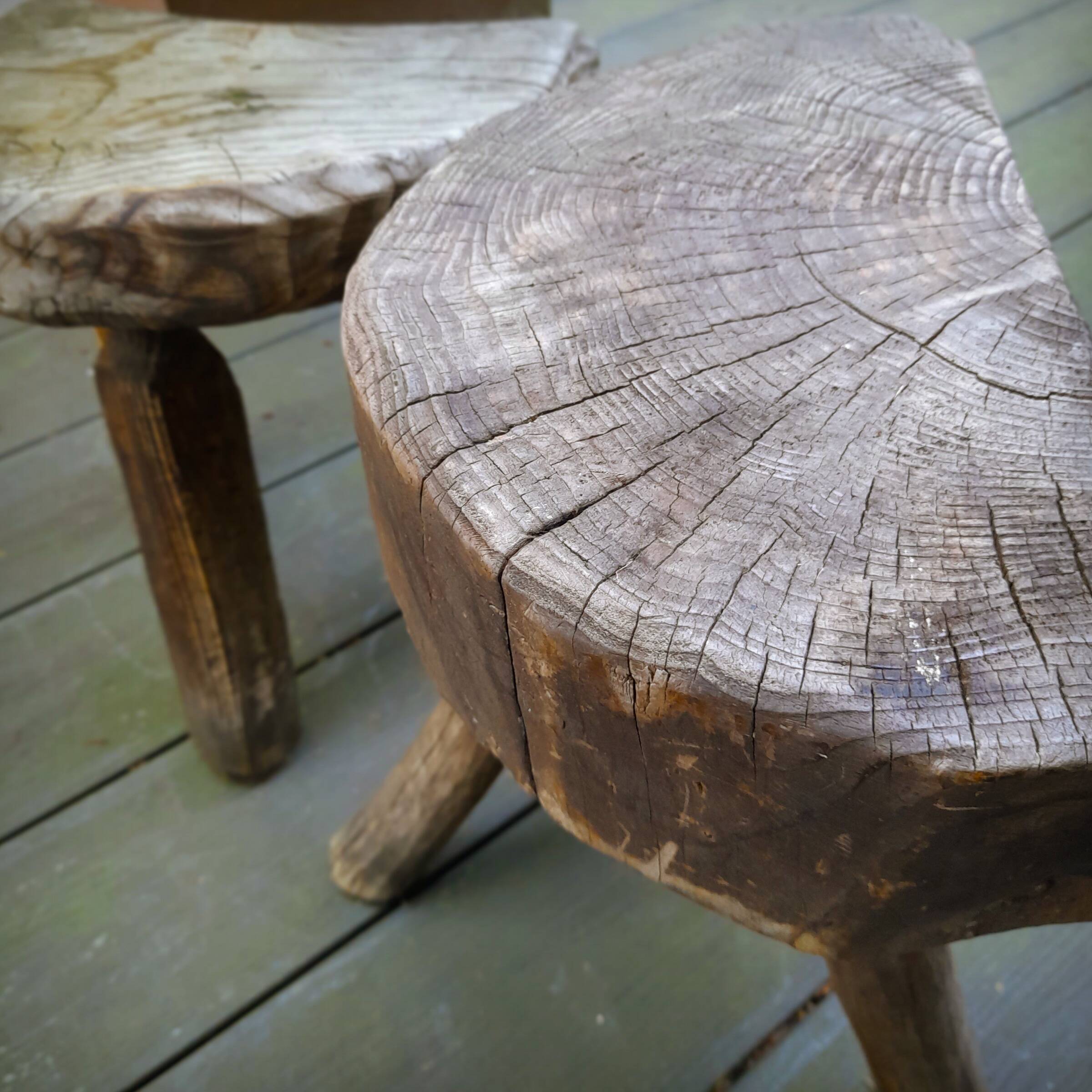 Pair of brutalist tripod stools in grayed pine. France, 1950s