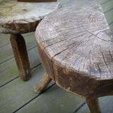 Pair of brutalist tripod stools in grayed pine. France, 1950s