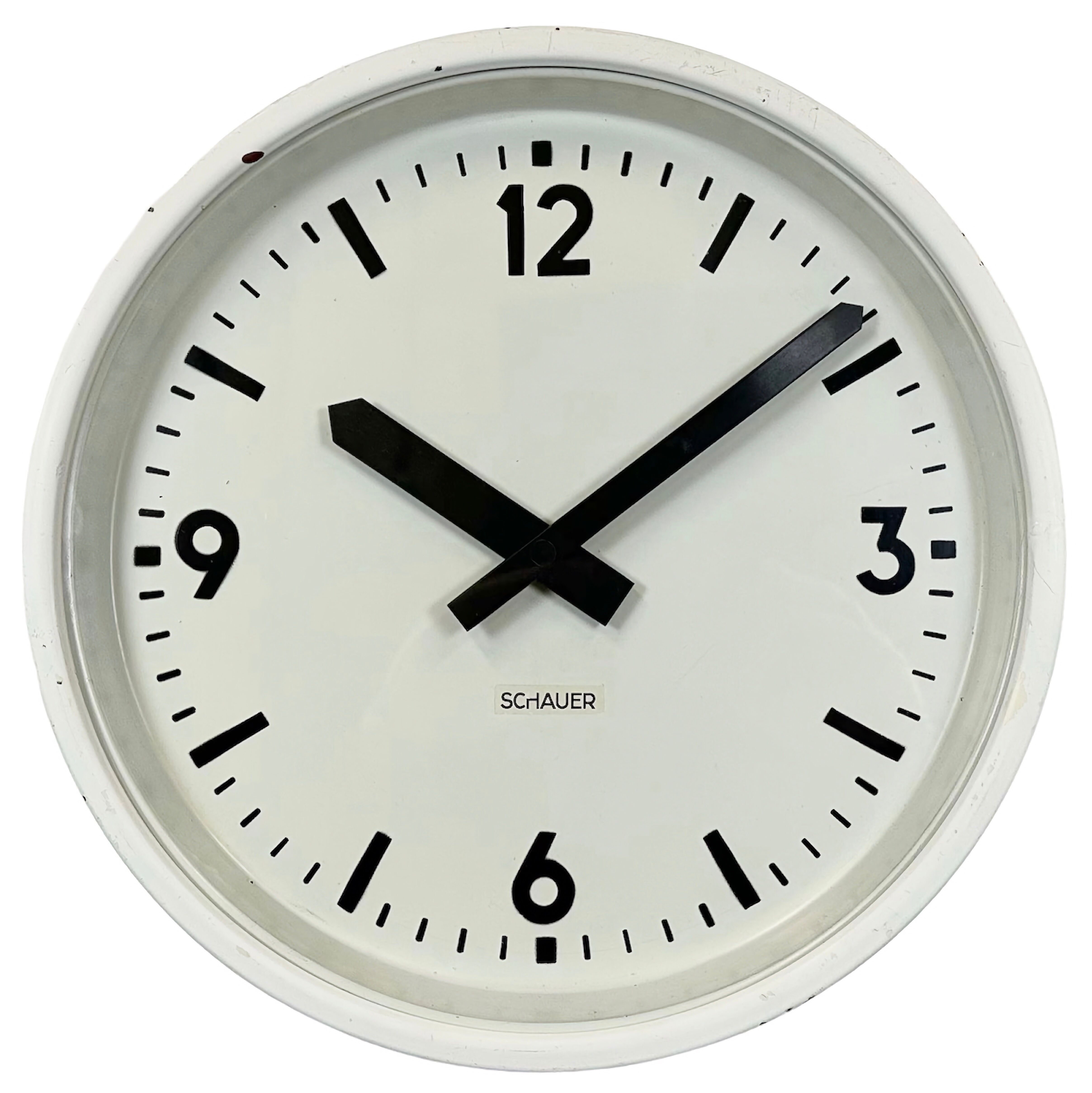 White industrial austrian factory wall clock from Schauer, 1960s