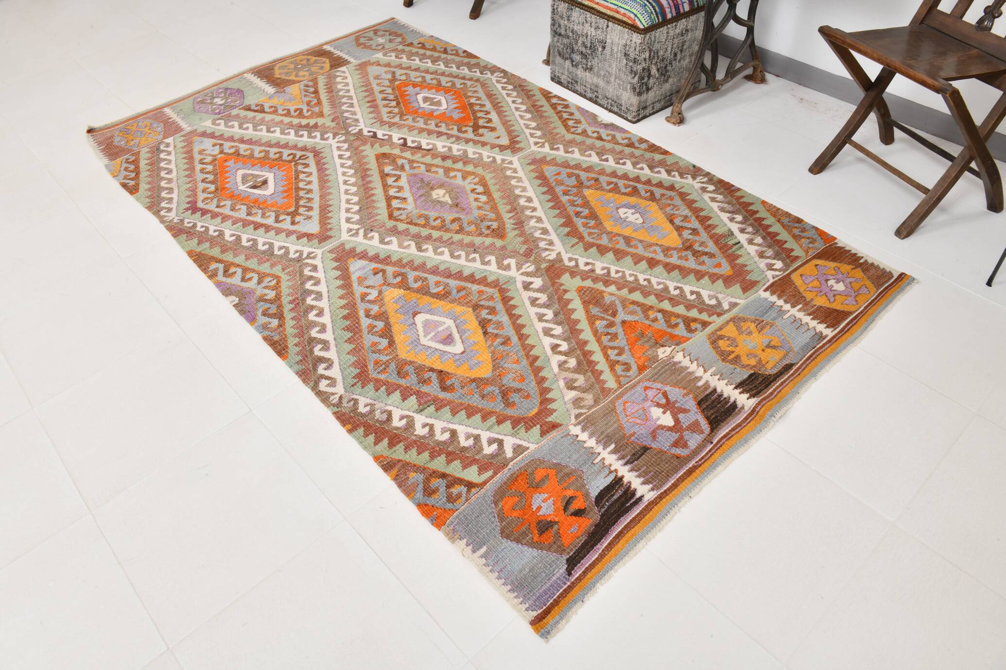 5x8 Green & Orange Tribal Vintage Kilim Rug, 146x255Cm SK 33083