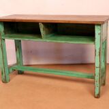 Antique Burmese teak school desk/chair set with original green patina