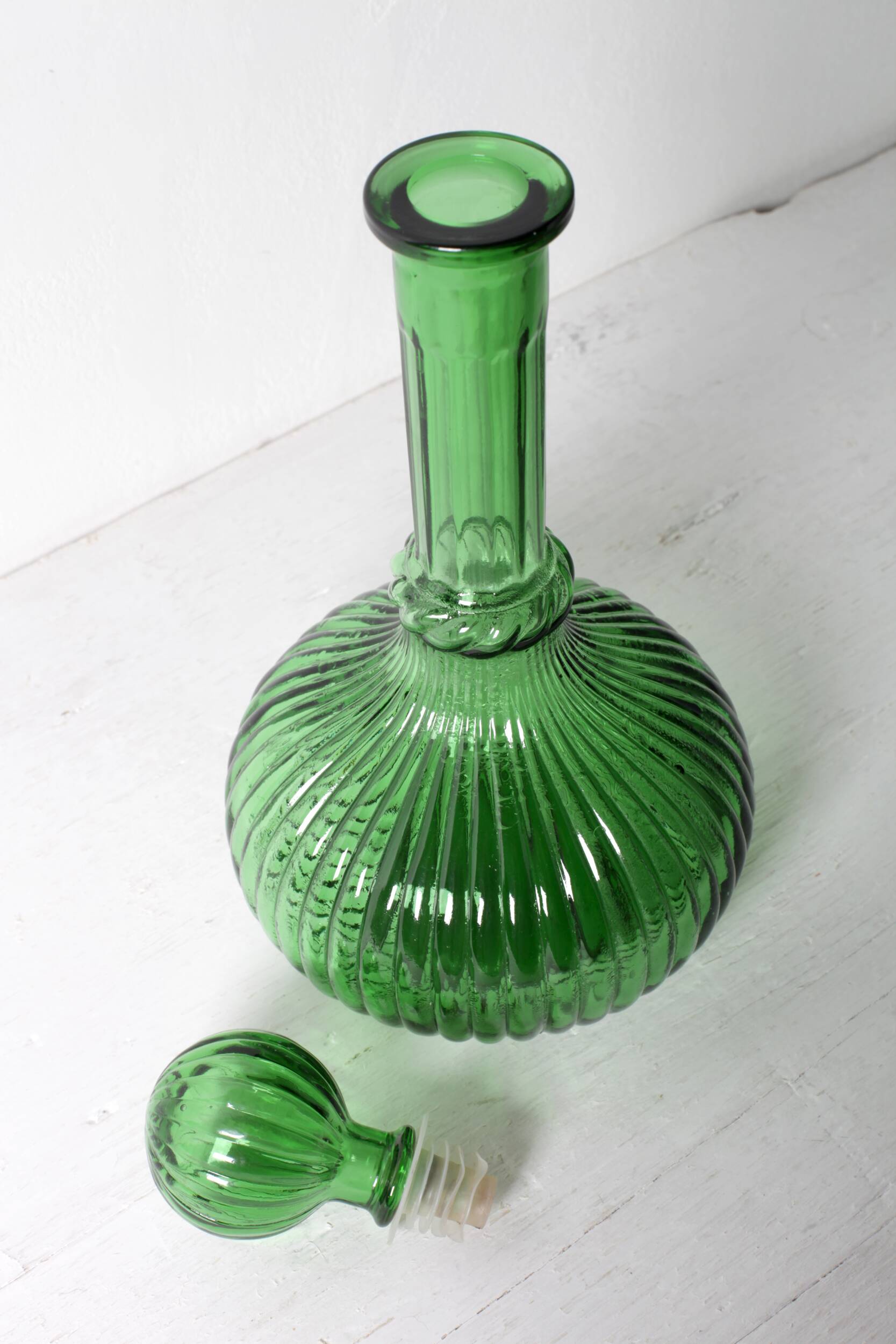 Vintage Emerald Green Glass Decanter / Rare Bottle with Stopper / Empoli