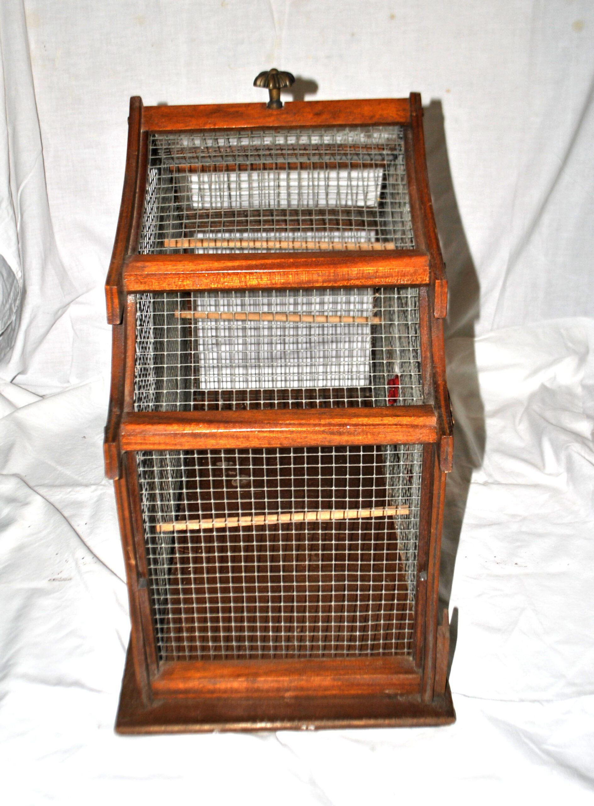 Large vintage wooden birdcage with metal mesh - Handmade 1960s