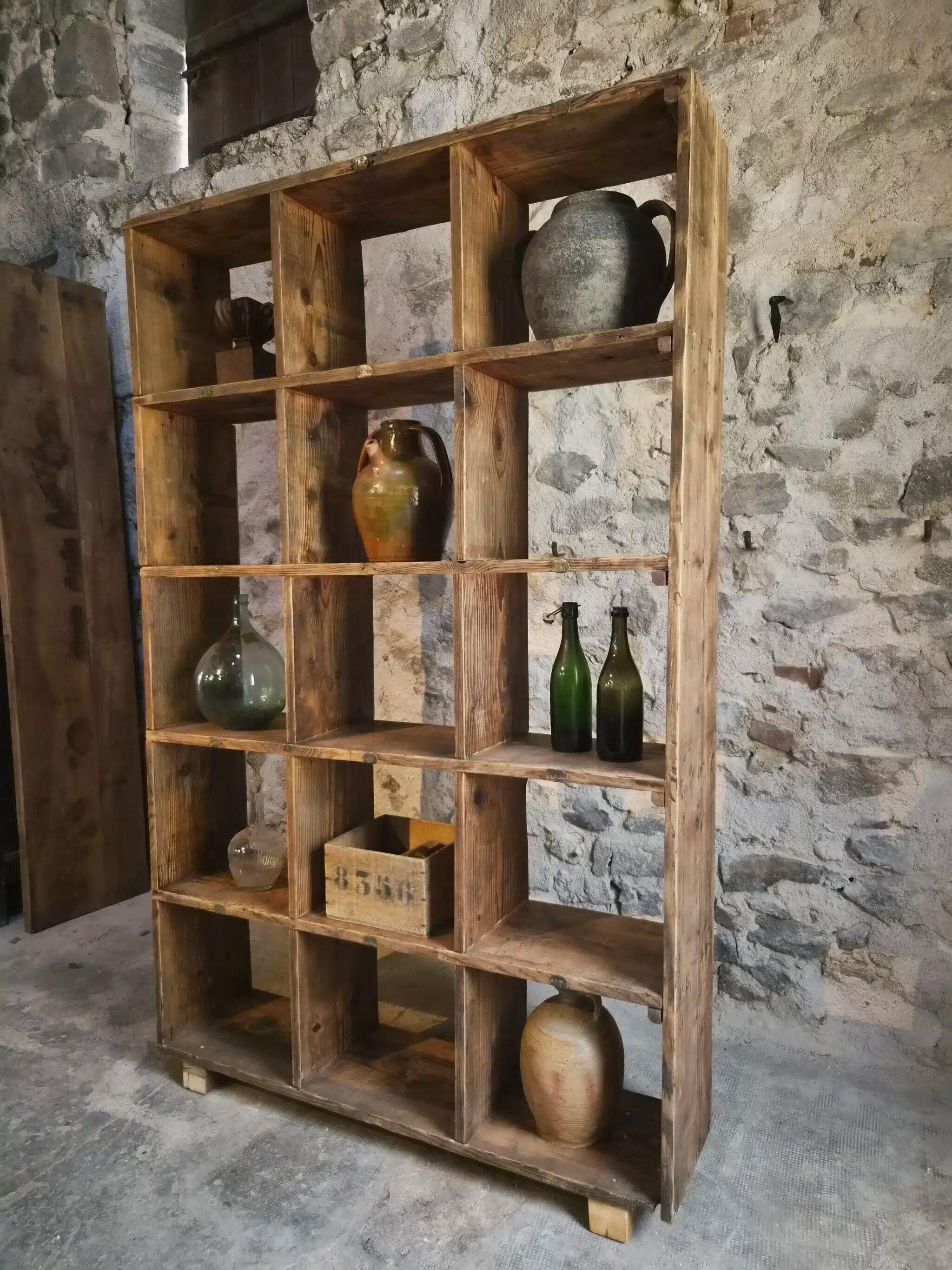 Old industrial shelf / room divider in pine, France, early 20th century