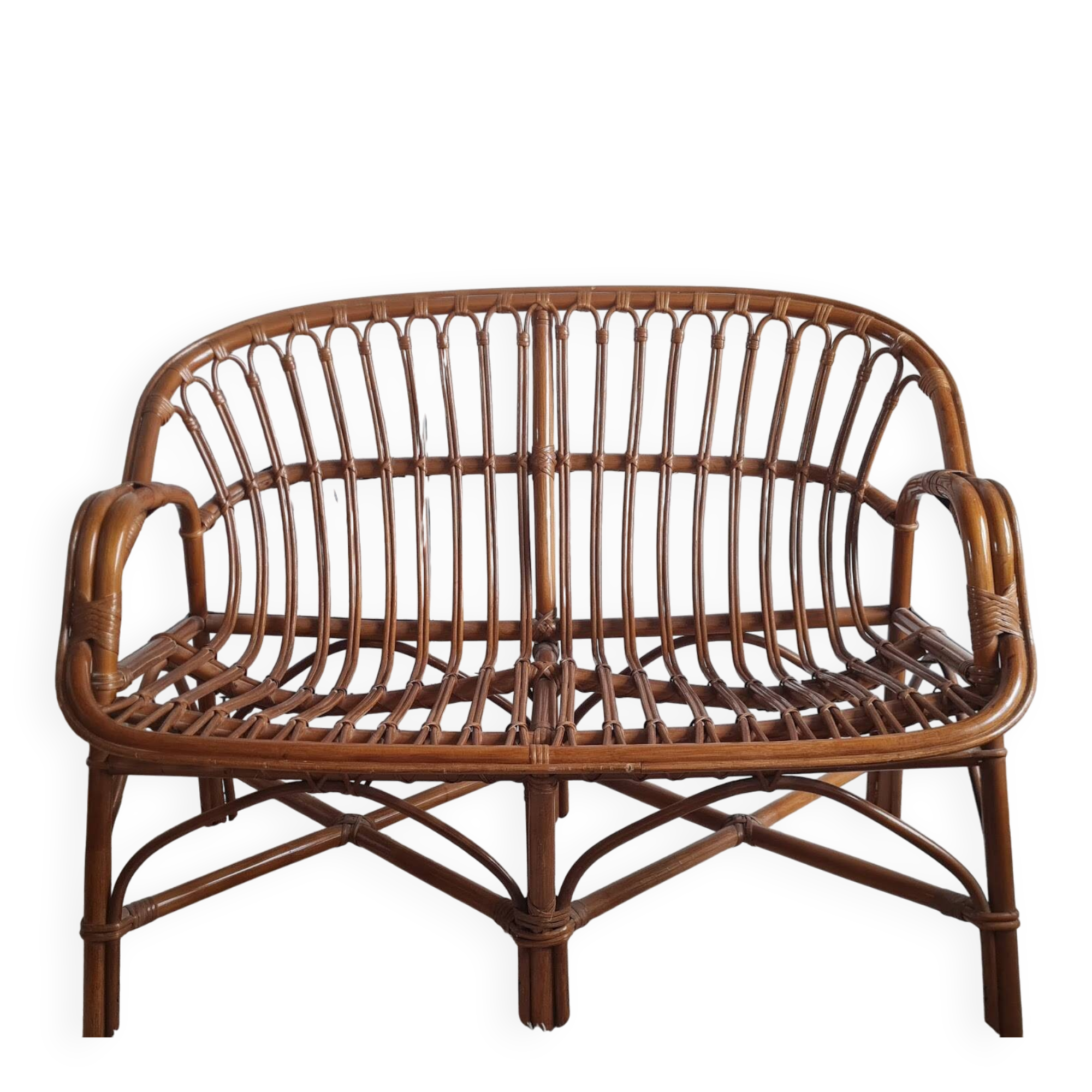 Vintage 1970s rattan bench