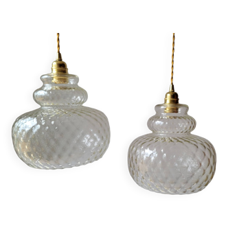 Duo of ribbed glass pendant lights